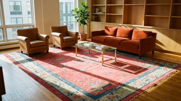 Antique peking chinese allover floral coral 1920s rug 7 Antique peking chinese allover floral coral 1920s rug (sku 24328) - room view