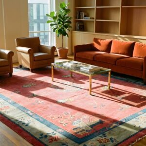 Antique Peking Chinese Allover Floral Coral 1920s Rug (SKU 24328) - styled overhead view