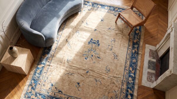 Antique peking chinese allover floral ivory 1900s rug 2 Antique peking chinese allover floral ivory 1900s rug (sku 22840) - styled overhead view