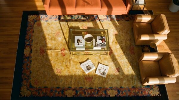 Antique peking chinese allover floral ivory 1920s rug 2 Antique peking chinese allover floral ivory 1920s rug (sku 24767) - styled overhead view
