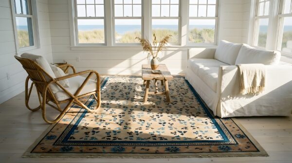 Antique peking chinese allover floral ivory 1930s rug 16 Antique peking chinese allover floral ivory 1930s rug (sku 23676) - room view