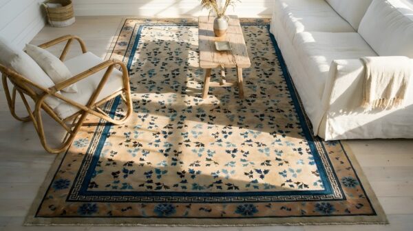 Antique peking chinese allover floral ivory 1930s rug 2 Antique peking chinese allover floral ivory 1930s rug (sku 23676) - styled overhead view