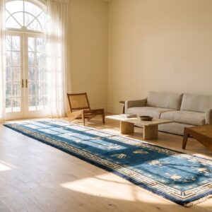 Antique Peking Chinese Allover Floral Hand Knotted Navy Blue Hallway Runner Rug (SKU 24843) - room view