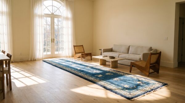 Antique peking chinese allover floral hand knotted navy blue hallway runner rug 7 Antique peking chinese allover floral hand knotted navy blue hallway runner rug (sku 24843) - room view