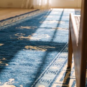 Antique Peking Chinese Allover Floral Hand Knotted Navy Blue Hallway Runner Rug (SKU 24843) - in-room detail