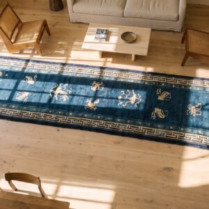 Antique Peking Chinese Allover Floral Hand Knotted Navy Blue Hallway Runner Rug (SKU 24843) - styled overhead view