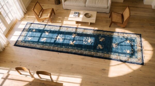 Antique peking chinese allover floral hand knotted navy blue hallway runner rug 2 Antique peking chinese allover floral hand knotted navy blue hallway runner rug (sku 24843) - styled overhead view