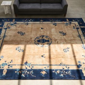 Antique Peking Chinese Allover Geometric Knotted Rug (SKU 22862) - styled overhead view