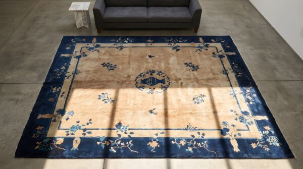 Antique peking chinese allover geometric knotted rug 2 Antique peking chinese allover geometric knotted rug (sku 22862) - styled overhead view