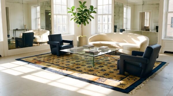 Antique peking chinese allover geometric beige 1900s rug 2 Antique peking chinese allover geometric beige 1900s rug (sku 24041) - styled overhead view