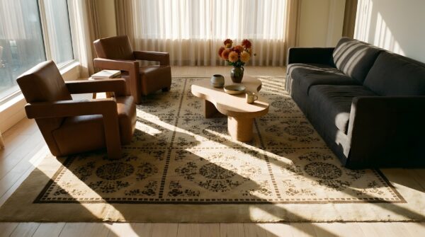 Antique peking chinese allover geometric ivory 1880s rug 7 Antique peking chinese allover geometric ivory 1880s rug (sku 23727) - room view