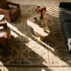 Antique Peking Chinese Allover Geometric Ivory 1880s Rug (SKU 23727) - styled overhead view