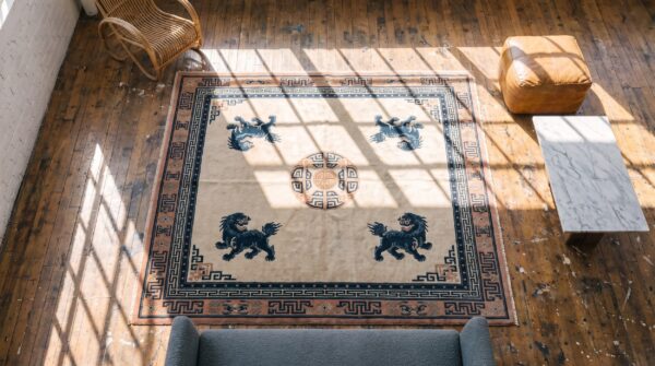 Antique peking chinese allover ivory 1880s rug 2 Antique peking chinese allover ivory 1880s rug (sku 22837) - styled overhead view