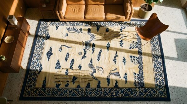 Antique peking chinese allover ivory 1890s rug 2 Antique peking chinese allover ivory 1890s rug (sku 24744) - styled overhead view