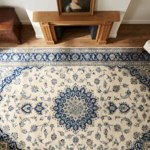 Antique Peking Chinese Allover Medallion Knotted Rug (SKU 24749) - styled overhead view