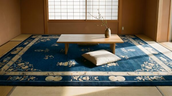 Antique peking chinese allover navy 1890s rug 2 Antique peking chinese allover navy 1890s rug (sku 24058) - styled overhead view