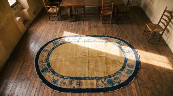 Antique peking chinese allover yellow 1900s oval rug 2 Antique peking chinese allover yellow 1900s oval rug (sku 22863) - styled overhead view