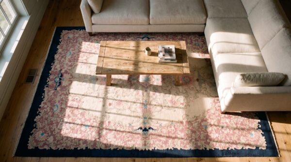 Antique peking chinese beige 1920s rug (sku 23613) - styled overhead view