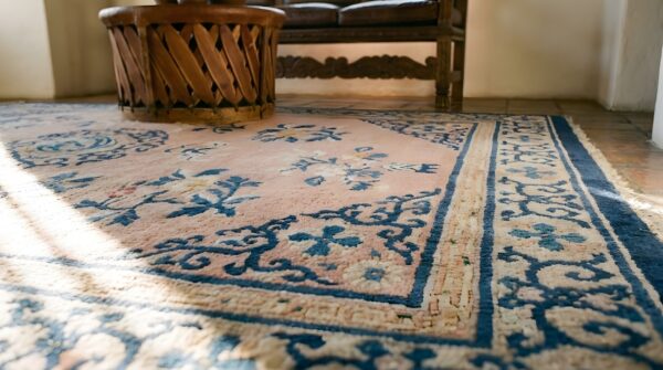 Antique peking chinese wool coral hand knotted pile rug (sku 25244) - in-room detail
