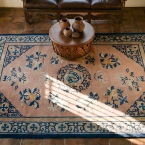 Antique Peking Chinese Wool Coral Hand Knotted Pile Rug (SKU 25244) - styled overhead view