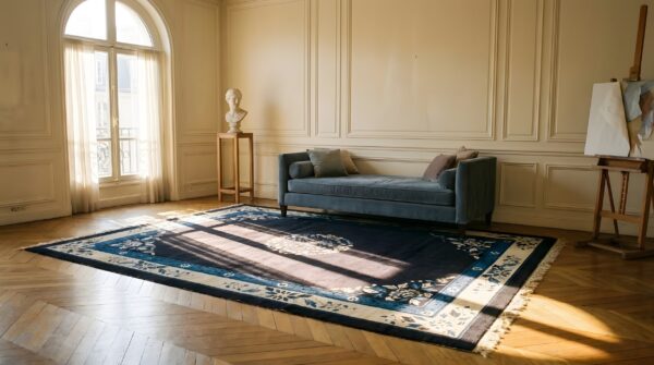 Antique peking chinese dark 1890s rug 2 Antique peking chinese dark 1890s rug (sku 24071) - styled overhead view