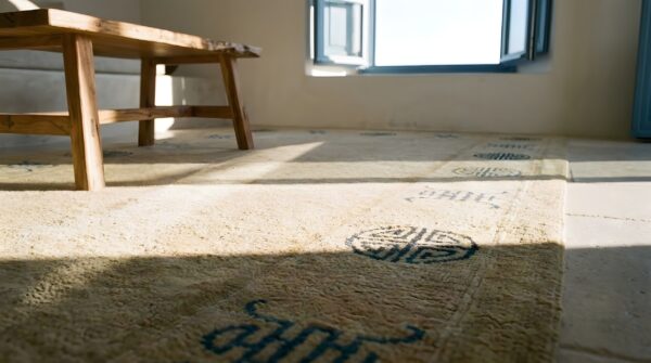 Antique peking chinese faded koi fish pattern rug 8 Antique peking chinese faded koi fish pattern rug (sku 24943) - in-room detail