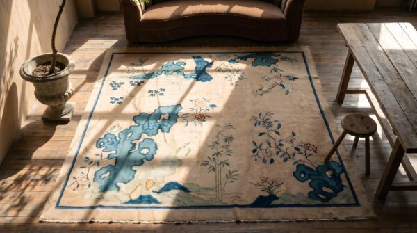 Antique peking chinese floral hand knotted pile rug 2 Antique peking chinese floral hand knotted pile rug (sku 22947) - styled overhead view