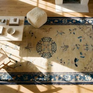 Antique Peking Chinese Floral Beige 1890s Rug (SKU 23717) - styled overhead view