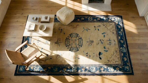 Antique peking chinese floral beige 1890s rug (sku 23717) - styled overhead view