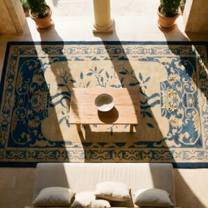 Antique Peking Chinese Floral Beige 1920s Rug (SKU 23822) - styled overhead view