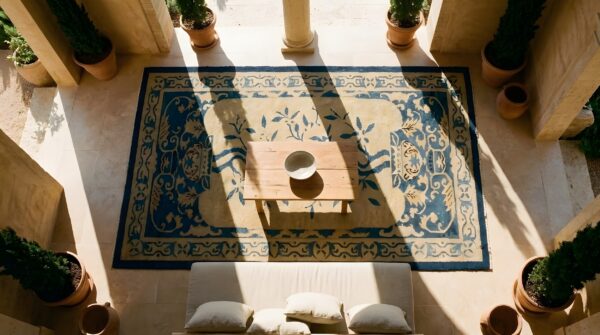 Antique peking chinese floral beige 1920s rug 2 Antique peking chinese floral beige 1920s rug (sku 23822) - styled overhead view