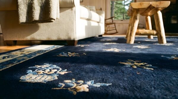 Antique peking chinese floral beige, blue navy 1900s rug 11 Antique peking chinese floral beige, blue navy 1900s rug (sku 24576) - in-room detail
