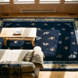 Antique Peking Chinese Floral Beige, Blue Navy 1900s Rug (SKU 24576) - styled overhead view