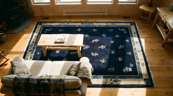 Antique peking chinese floral beige, blue navy 1900s rug 2 Antique peking chinese floral beige, blue navy 1900s rug (sku 24576) - styled overhead view