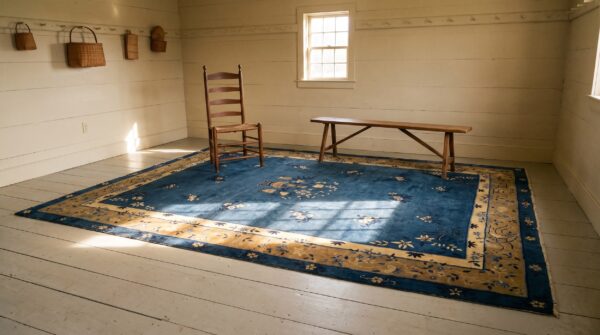 Antique peking chinese floral beige, blue navy 1920s rug 8 Antique peking chinese floral beige, blue navy 1920s rug (sku 24529) - room view