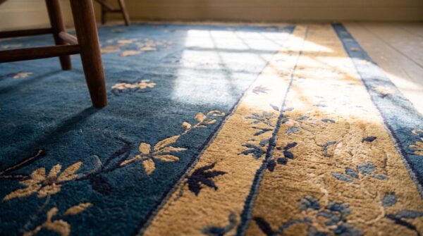 Antique peking chinese floral beige, blue navy 1920s rug 9 Antique peking chinese floral beige, blue navy 1920s rug (sku 24529) - in-room detail