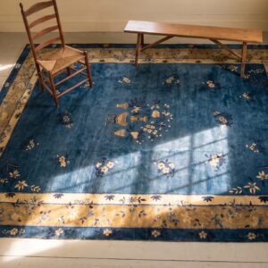 Antique Peking Chinese Floral Beige, Blue Navy 1920s Rug (SKU 24529) - styled overhead view