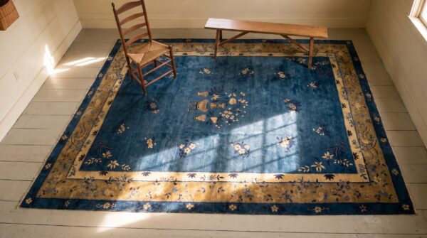 Antique peking chinese floral beige, blue navy 1920s rug 2 Antique peking chinese floral beige, blue navy 1920s rug (sku 24529) - styled overhead view