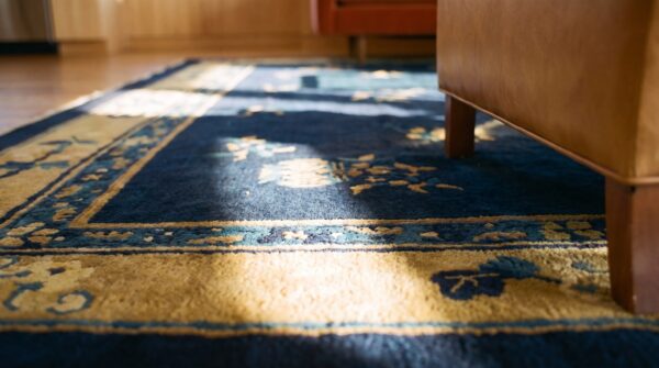 Antique peking chinese floral beige, blue navy 1930s rug 8 Antique peking chinese floral beige, blue navy 1930s rug (sku 24707) - in-room detail