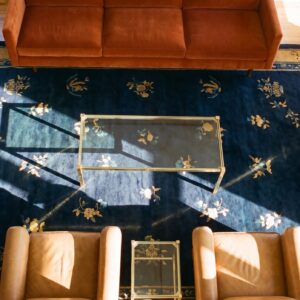 Antique Peking Chinese Floral Beige, Blue Navy 1930s Rug (SKU 24707) - styled overhead view