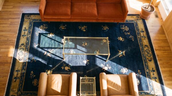 Antique peking chinese floral beige, blue navy 1930s rug 2 Antique peking chinese floral beige, blue navy 1930s rug (sku 24707) - styled overhead view