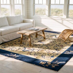 Antique Peking Chinese Floral Black, Ivory Beige Cream White 1920s Rug (SKU 24670) - room view