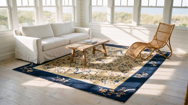 Antique peking chinese floral black, ivory beige cream white 1920s rug 8 Antique peking chinese floral black, ivory beige cream white 1920s rug (sku 24670) - room view