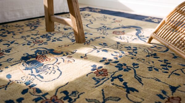 Antique peking chinese floral black, ivory beige cream white 1920s rug 9 Antique peking chinese floral black, ivory beige cream white 1920s rug (sku 24670) - in-room detail