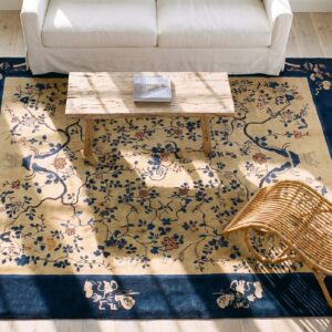 Antique Peking Chinese Floral Black, Ivory Beige Cream White 1920s Rug (SKU 24670) - styled overhead view