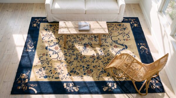 Antique peking chinese floral black, ivory beige cream white 1920s rug 2 Antique peking chinese floral black, ivory beige cream white 1920s rug (sku 24670) - styled overhead view