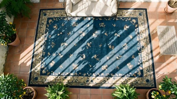 Antique peking chinese floral blue 1900s blue rug 2 Antique peking chinese floral blue 1900s blue rug (sku 23930) - styled overhead view