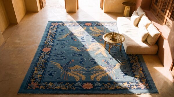 Antique peking chinese floral blue 1900s rug 2 Antique peking chinese floral blue 1900s rug (sku 24667) - styled overhead view