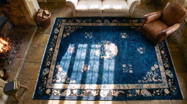 Antique peking chinese floral blue 1920s rug 2 Antique peking chinese floral blue 1920s rug (sku 24685) - styled overhead view