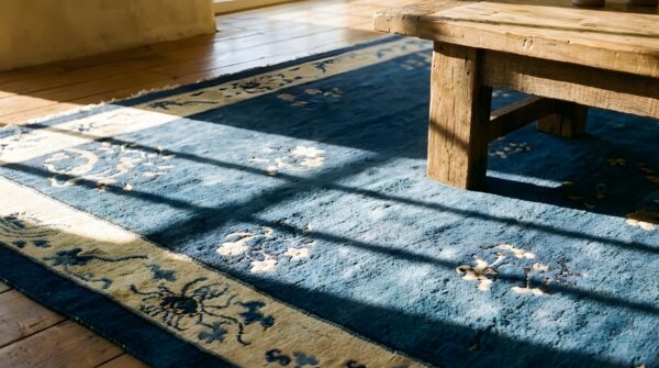 Antique peking chinese floral blue 1930s blue rug 7 Antique peking chinese floral blue 1930s blue rug (sku 23888) - in-room detail